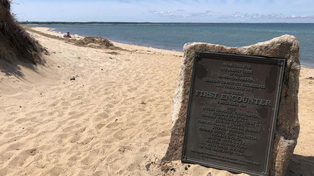 Stone marking the first contact between the Pilgrims and Native Americans at First Encounter Beach in Eastham, Cape Cod.