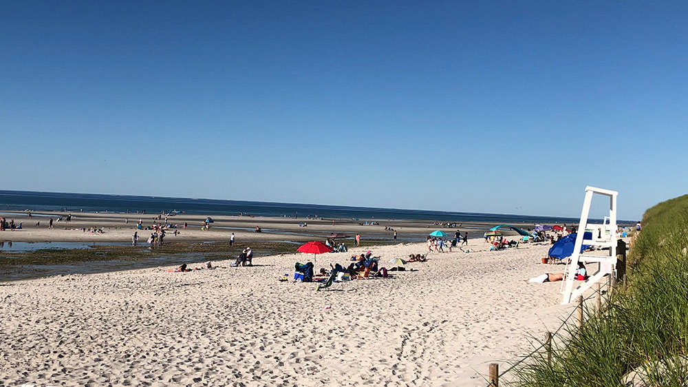 Crowds spread out on the tidal flats of Mayflower Beach in Dennis, Cape Cod.