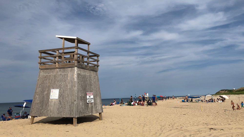 A large lifeguard station towers over Head of the Meadow Beach in Truro, Cape Cod.