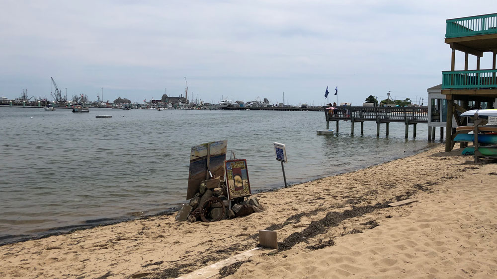 A driftwood sculpture sits on the shore of Johnson Street Beach in Provincetown, Cape Cod.