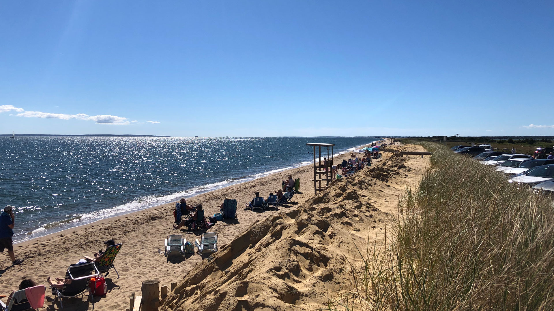 Crowds line the shores of one of the Mashpee Beaches on Cape Cod.