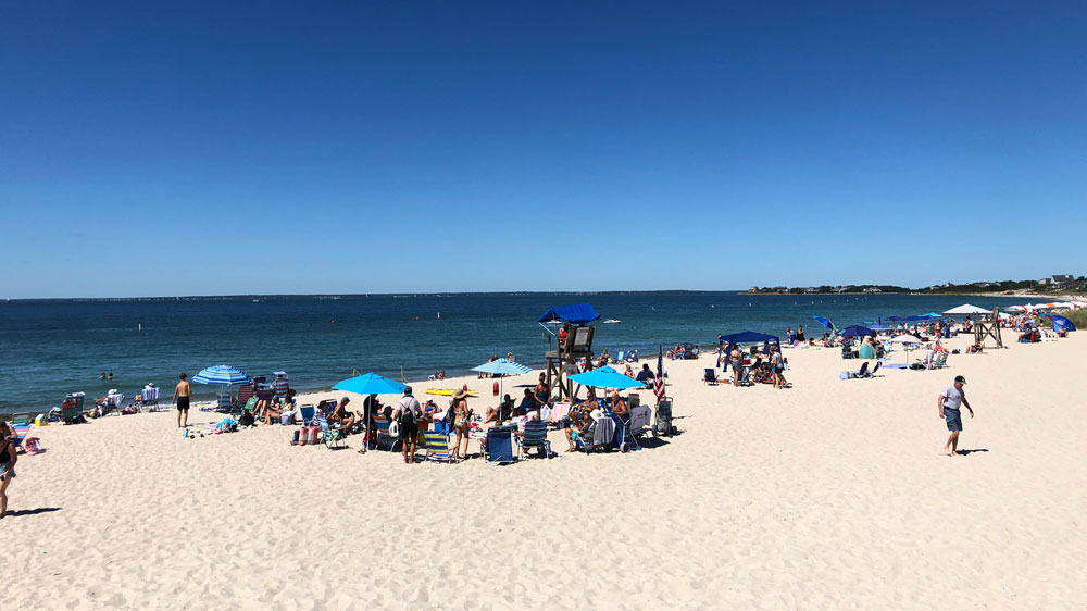 A crowded summer day at Old Silver Beach in Falmouth, Cape Cod.