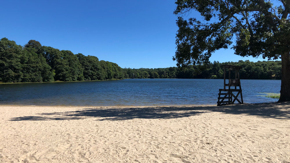 A lifeguard chair sits in the shade on a quiet summer day at Queen Sewell Pond in Bourne, Cape Cod.